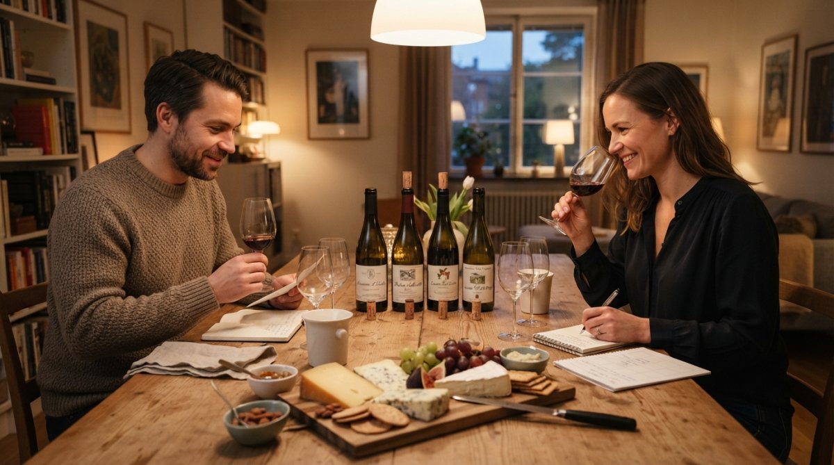 Par som provar vin hemma vid ett dukat middagsbord med flera öppnade flaskor, vinprovningsanteckningar och en ostbricka i varmt kvällsljus