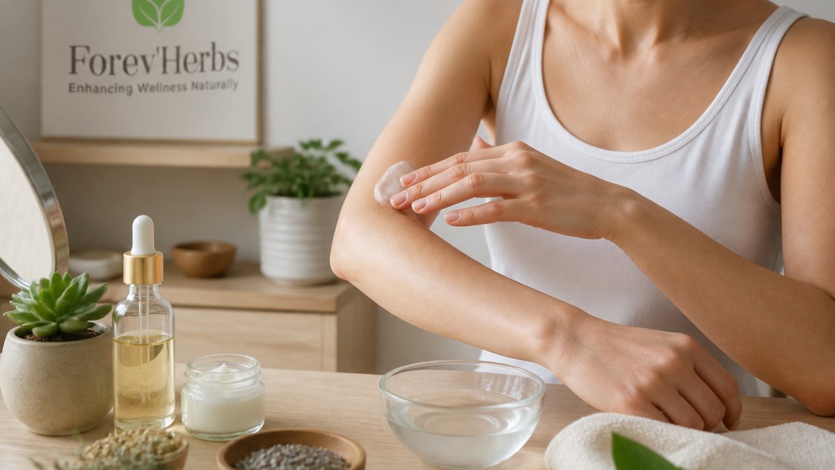 Person applying a small amount of product to their inner arm for patch testing, demonstrating proper technique on clean skin with natural lighting
