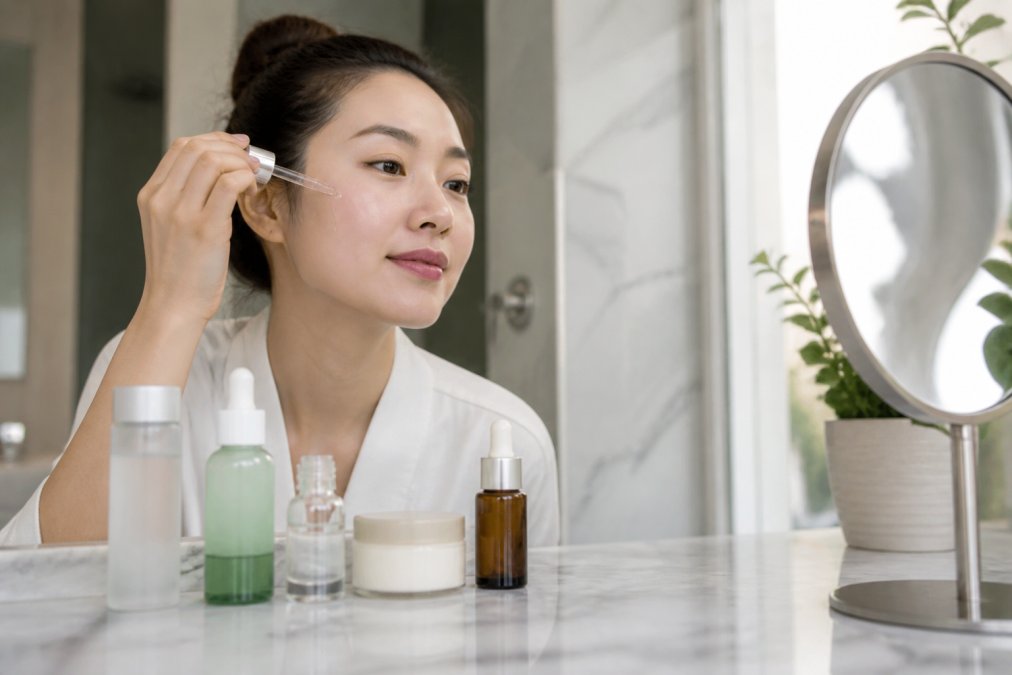 Close-up of a woman applying a Korean skincare serum to her face, with several K-beauty product bottles and jars arranged on a marble bathroom counter