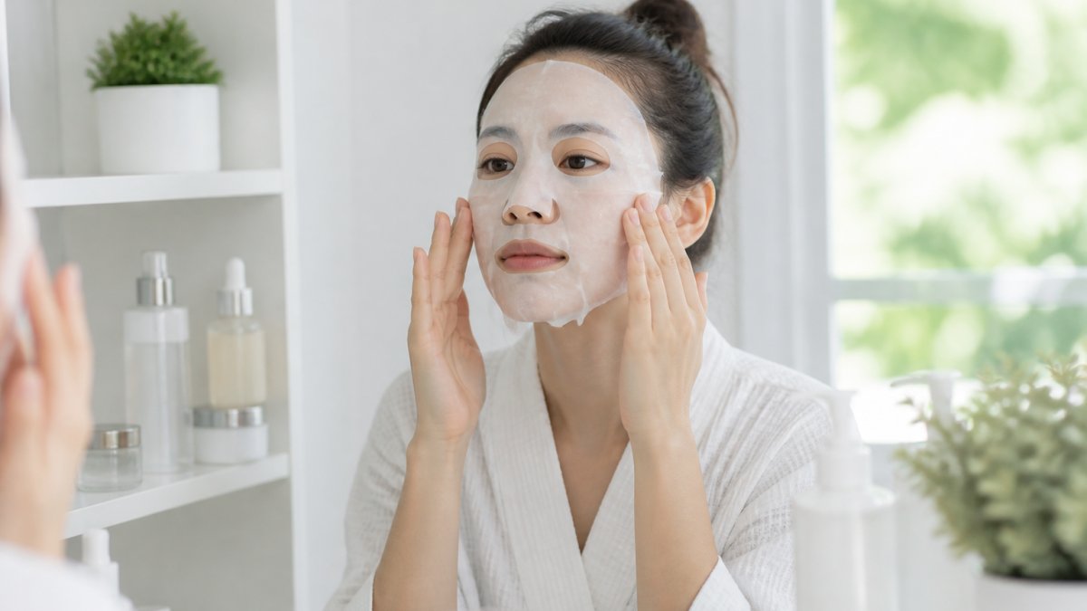 Person applying a Korean sheet mask to their face in a bright, minimalist bathroom with skincare products arranged on white shelving and natural window lighting