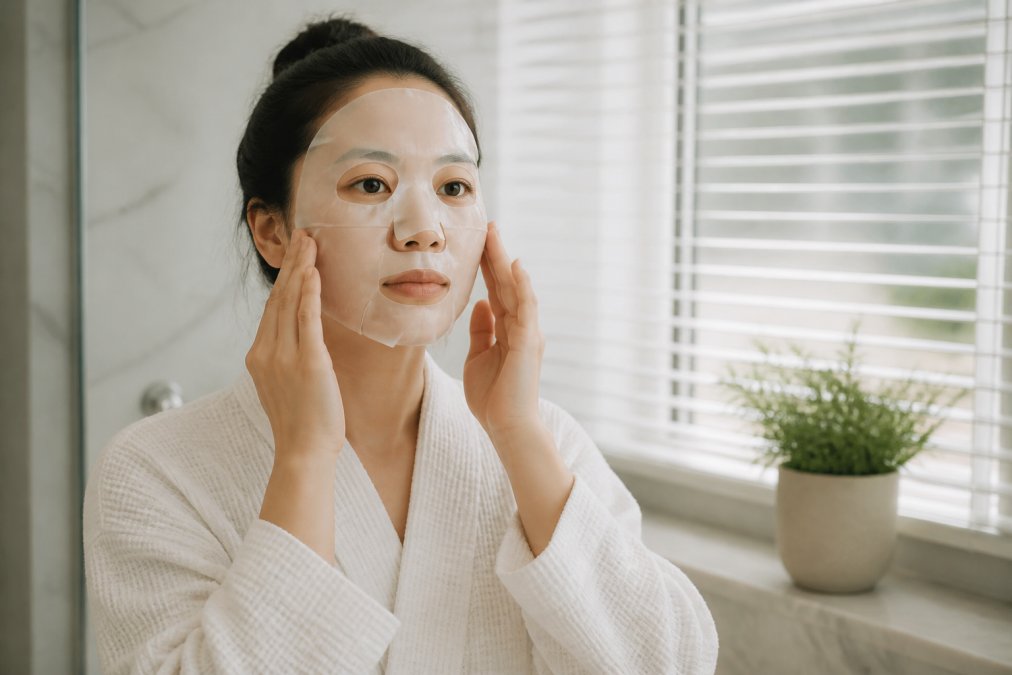 A young woman applying a Korean sheet mask to her face in a bright, modern bathroom, with a serene and focused expression, natural lighting