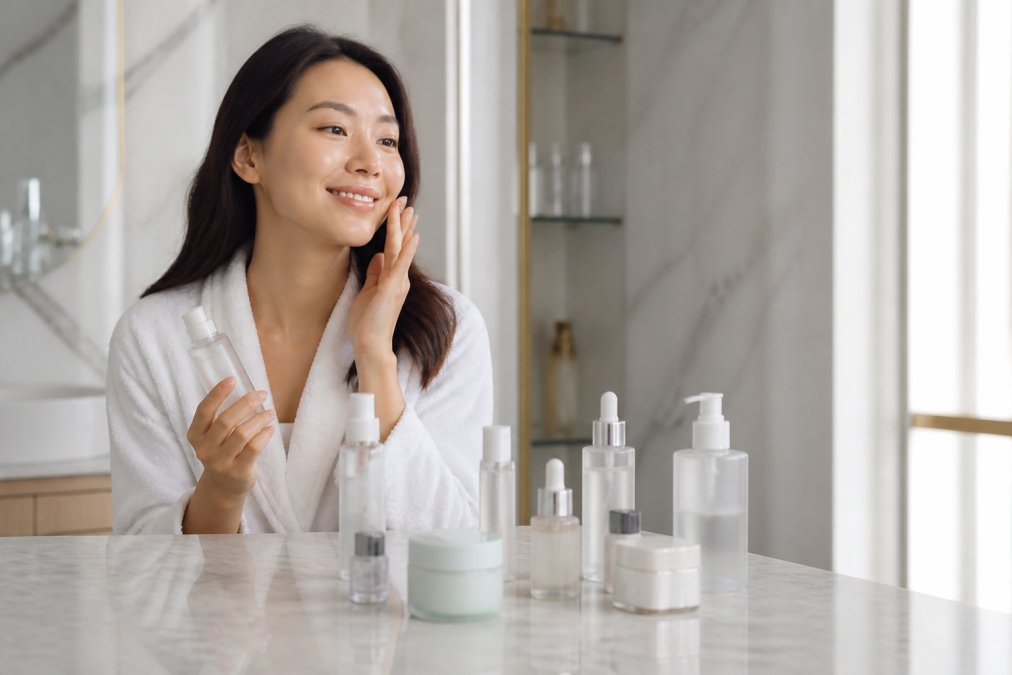 A young woman with glowing skin gently applying a skincare product in a bright, modern bathroom, with K-beauty bottles arranged neatly on a marble countertop
