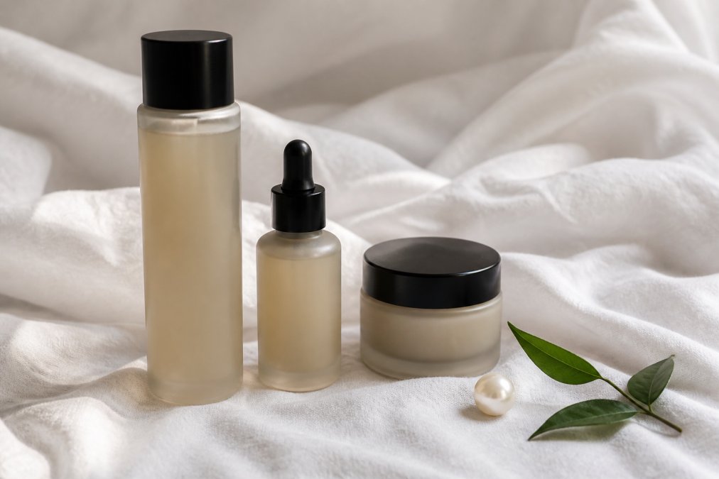 Close-up of the Gongjua Pearl Nutrition Bundle, toner, serum, and cream bottles arranged on a soft white linen surface with a single pearl and a small green leaf as styling accents, warm diffused natural light