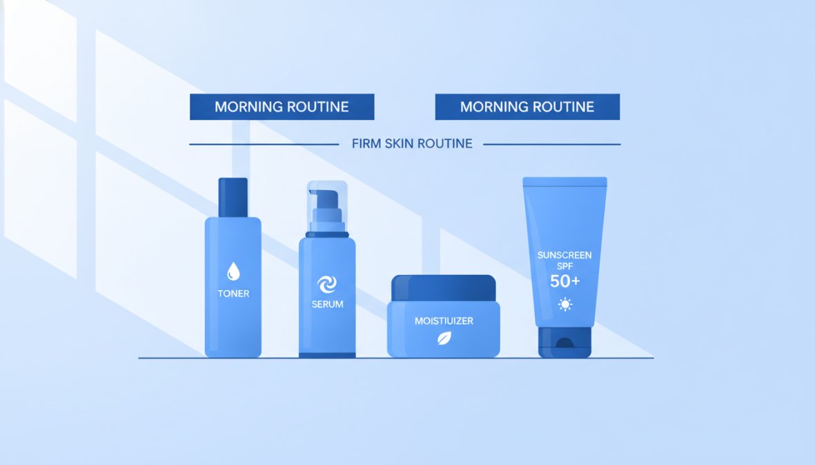 Serene bathroom vanity with Korean skincare products arranged in order, morning sunlight streaming through a window, showing a toner bottle, serum, moisturizer, and sunscreen SPF in glass bottles and jars