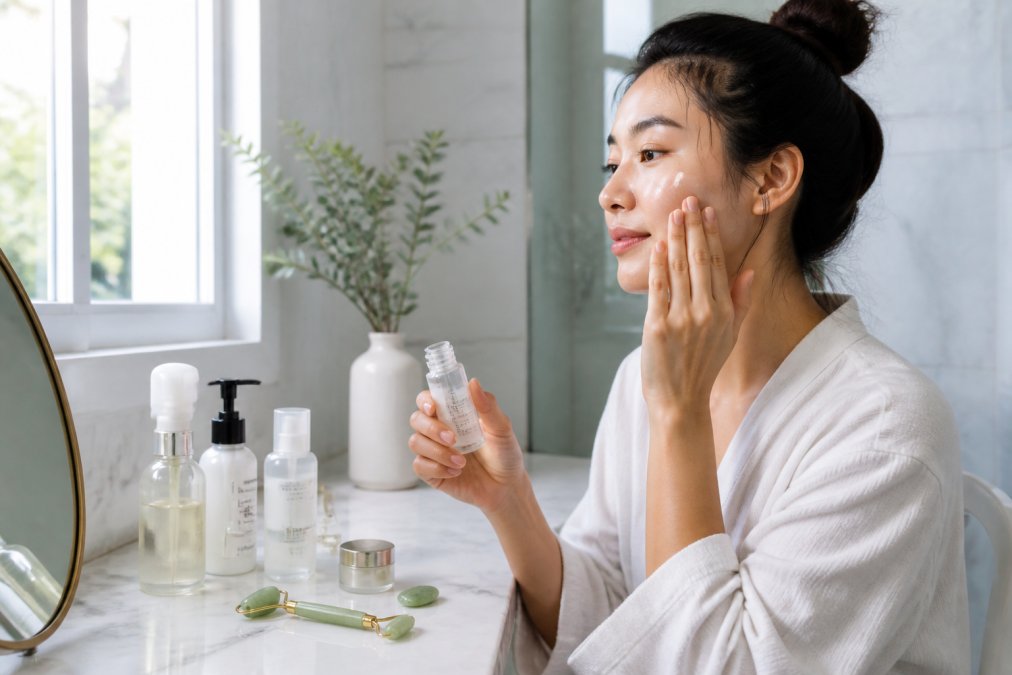 A woman in a bright bathroom applying a hydrating serum to her face with fingertips, Korean skincare bottles and a jade roller arranged on a white marble counter, soft morning light through a window