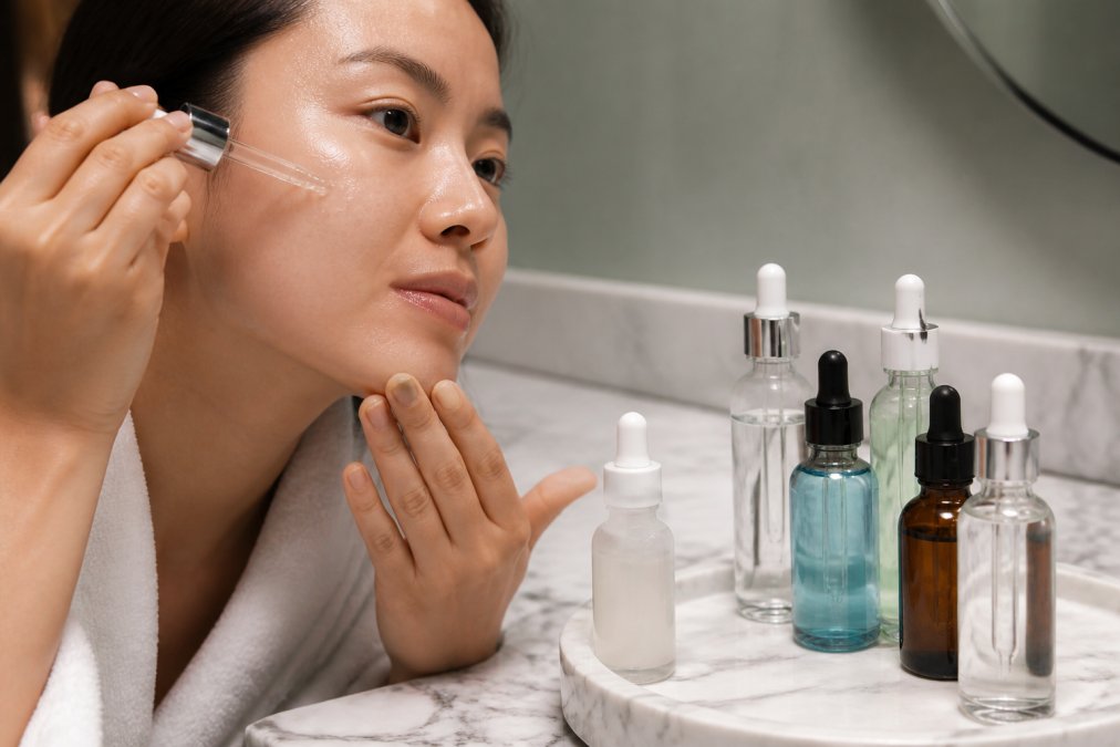 Close-up of hands applying a lightweight hydrating serum to freshly cleansed skin, with multiple serum bottles arranged on a marble bathroom counter showing different product textures and colors