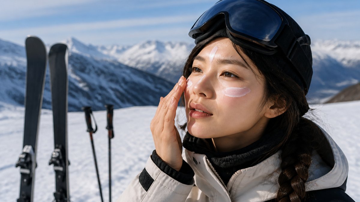 Person applying sunscreen to cheeks and forehead on a snowy mountain slope with ski goggles pushed up, bright alpine sunlight reflecting off white snow, winter sports equipment visible in background