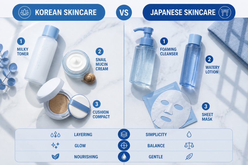 Overhead flat lay on a pale marble bathroom counter showing two skincare routines side by side: a milky toner, snail mucin cream, and cushion compact on one side, and a foaming cleanser, watery lotion, and sheet mask on the other, with soft window light and a folded linen towel at the edge