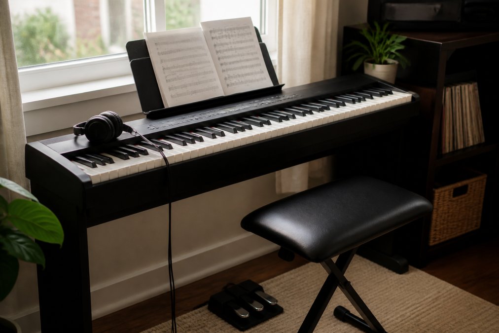 Home music studio setup with Korg digital piano positioned near a window with natural light, showing adjustable bench, proper stand height, music stand with sheet music, and headphones on the keyboard