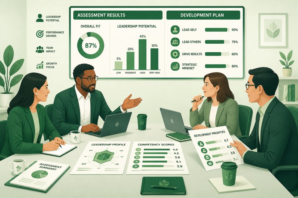 Diverse leadership team reviewing assessment results and development plans together around a conference table, with documents and laptops visible, engaged in discussion