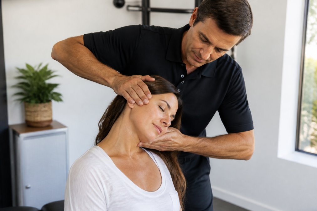 Chiropractor performing a therapeutic adjustment on patient's cervical spine in modern clinical setting with soft natural lighting and professional medical environment