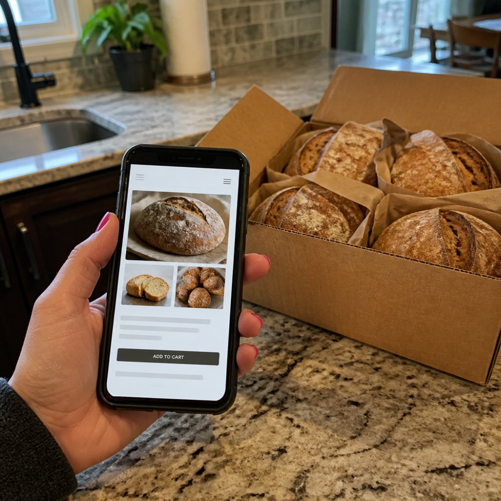 A person holding a smartphone showing a local bakery's delivery website, with a box of fresh artisan sourdough loaves on a kitchen counter in the background