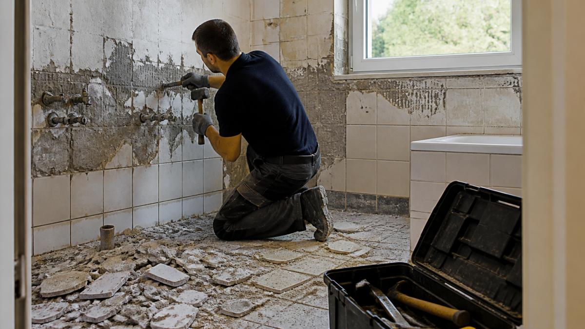 Huiseigenaar verwijdert oude tegels met gereedschap om kosten te besparen bij badkamerrenovatie slimme tips.