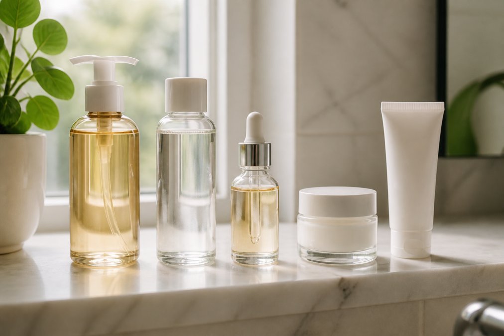 Neatly arranged skincare products on a white marble bathroom shelf in order of use, cleanser bottle, toner, serum dropper, moisturiser jar, and sunscreen tube, lit by soft natural morning light from a nearby window