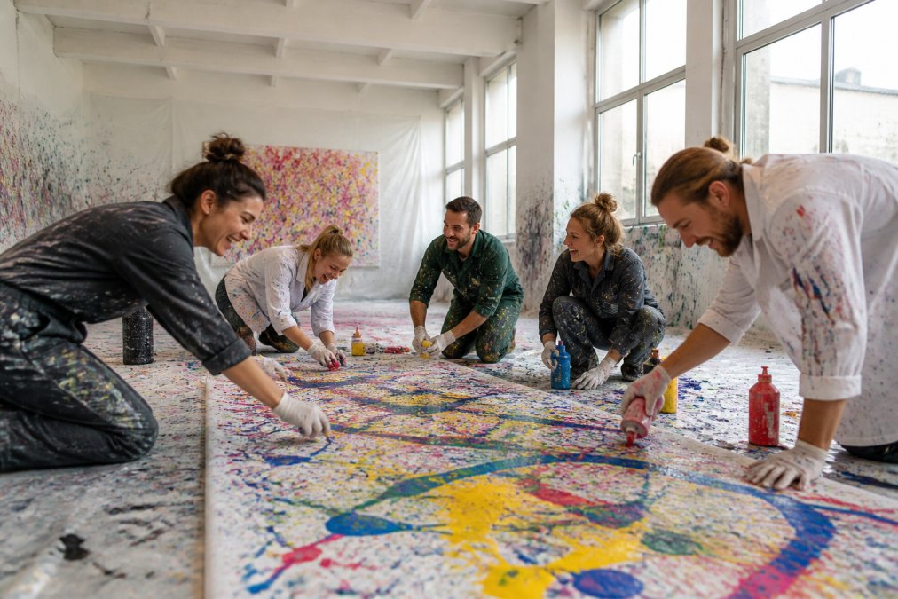 Eine bunt gemischte Gruppe von Erwachsenen lacht und arbeitet gemeinsam an einem großen, farbenfrohen Action-Painting-Bild in einem hellen Atelier in Wien, Farbspritzer auf Planen, natürliches Tageslicht durch große Fenster