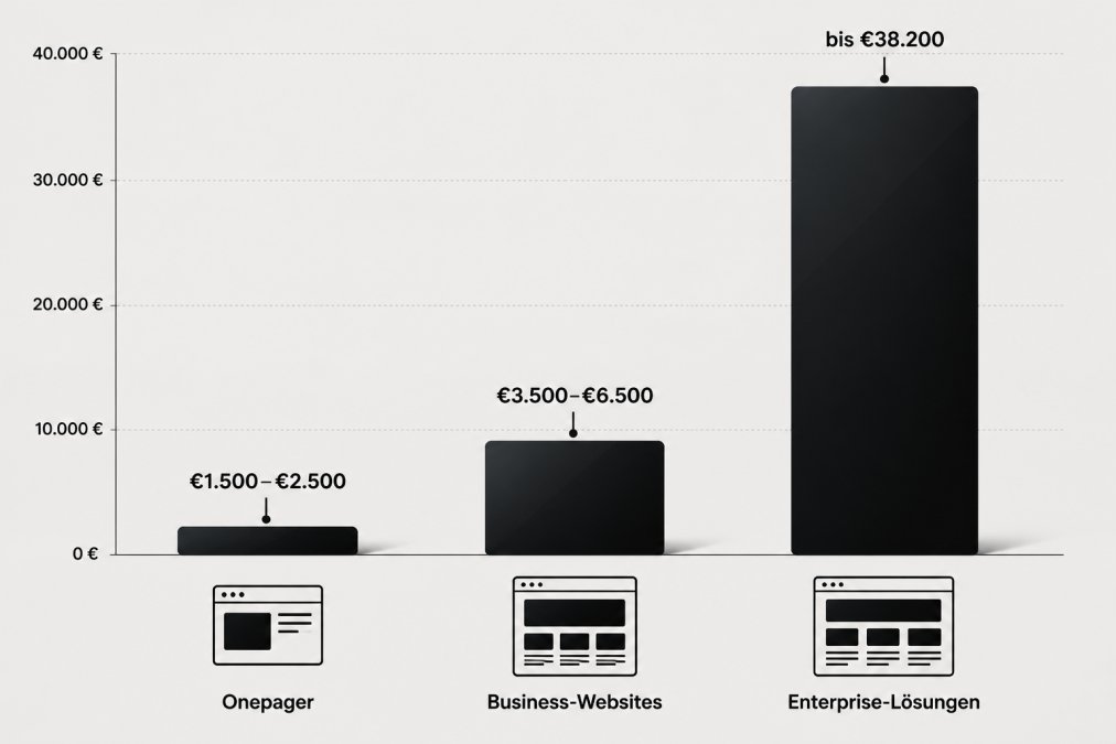 Bar chart comparing cost ranges for different website types: Onepager €1.500-€2.500, Business-Websites €3.500-€6.500, Enterprise-Lösungen bis €38.200