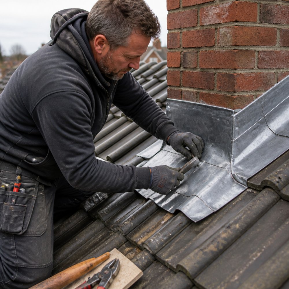 Close-up van een dakdekker die op een schuin pannendak een loden slab rond de voet van een gemetselde schoorsteen vastzet, met zichtbare waterkerende aansluiting en gereedschap binnen handbereik