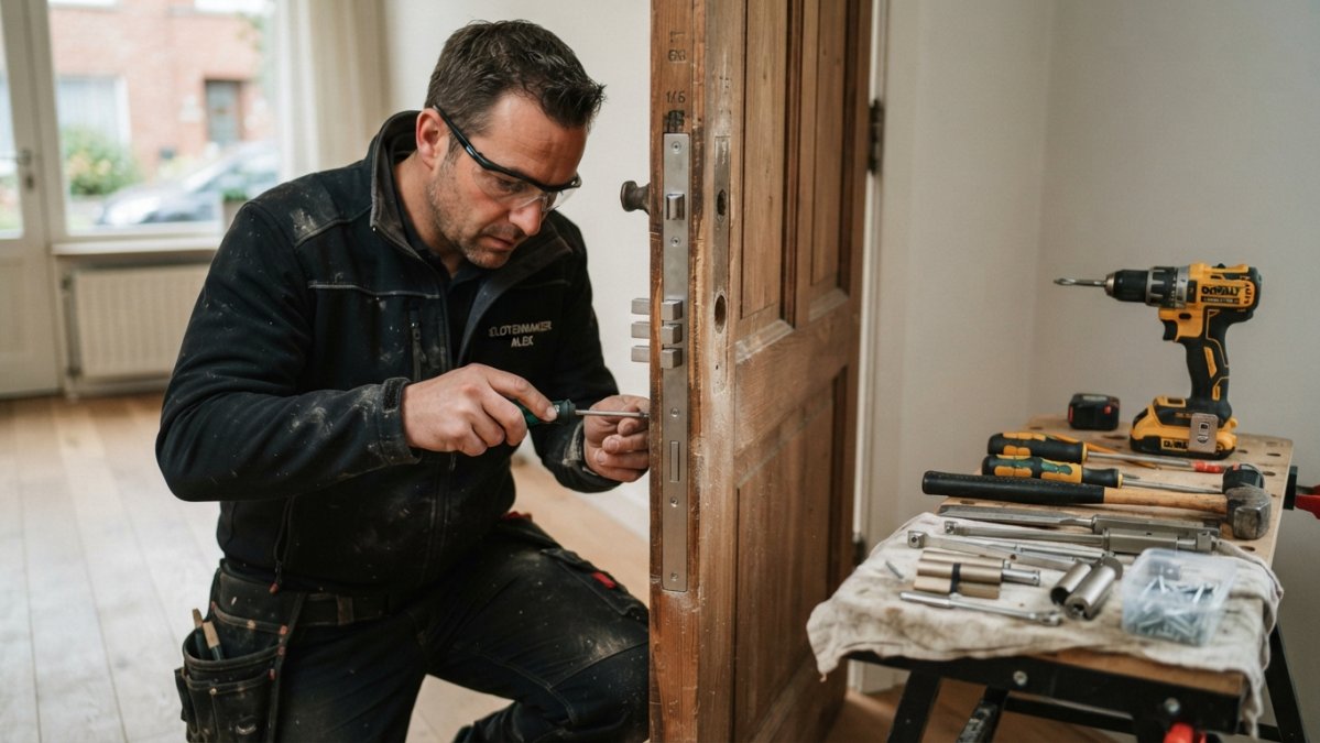 Close-up van een slotenmaker die een meerpuntssluiting aan een houten deur installeert, met gereedschap en metalen slotonderdelen zichtbaar op een werkbank ernaast