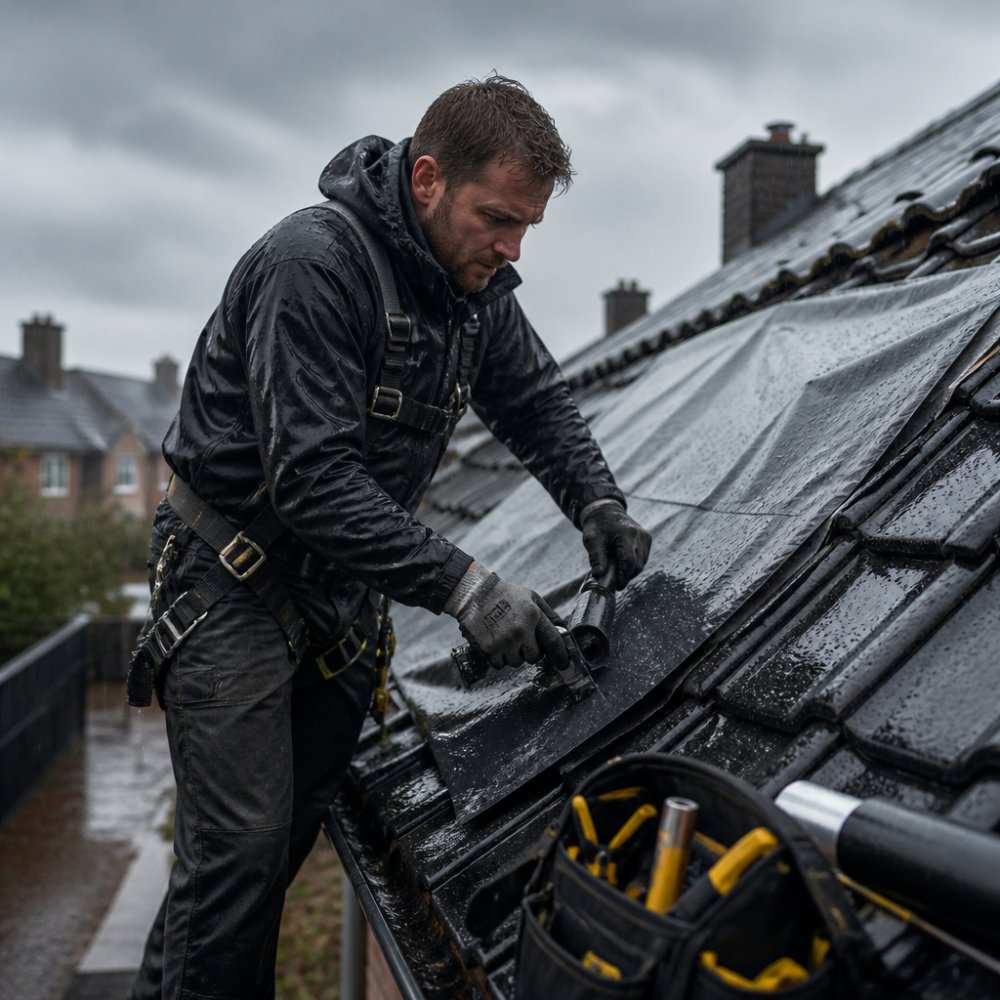 Professionele dakdekker voert spoedreparatie uit op een lekkend dak in regenachtig weer, met gereedschap, afdekmateriaal en veiligheidsuitrusting