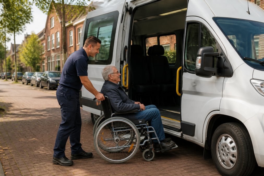 Een oudere man in een rolstoel die door een vriendelijke chauffeur in uniform wordt geholpen bij het instappen in een witte toegankelijke taxibus, op een rustige woonstraat in Nederland bij helder daglicht