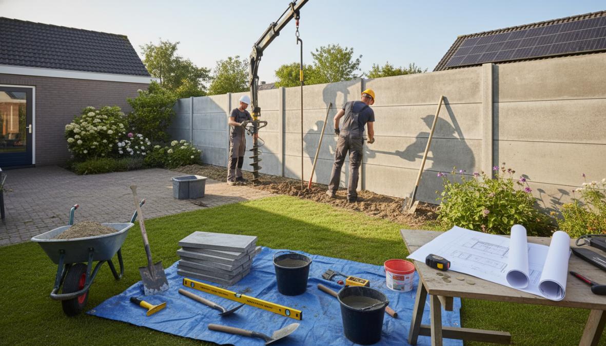 Een vakman plaatst betonnen tuinschermen met betonpalen in een nette achtertuin op een zonnige dag, terwijl gereedschap zichtbaar op de voorgrond ligt naast een stapel grijze betonpanelen