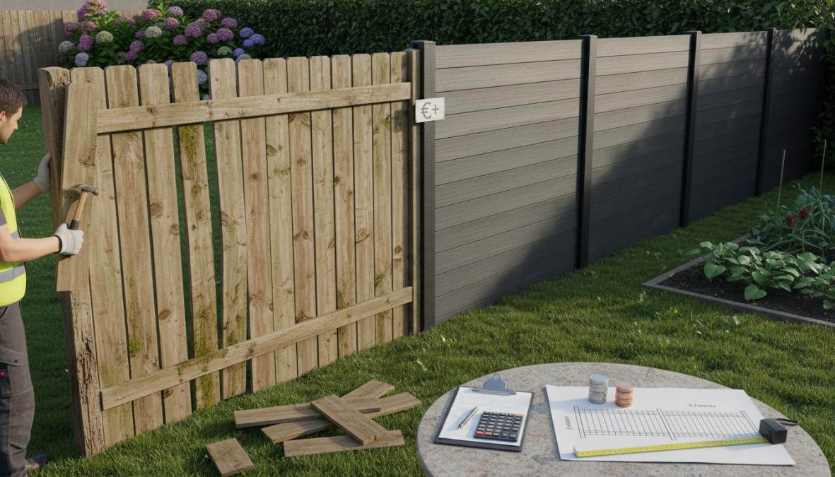 Close-up vergelijking van drie schuttingpanelen naast elkaar in een tuin: een verweerd grijs houten paneel links, een bruin composiet paneel in het midden en een glad betonnen schuttingpaneel rechts, in helder daglicht