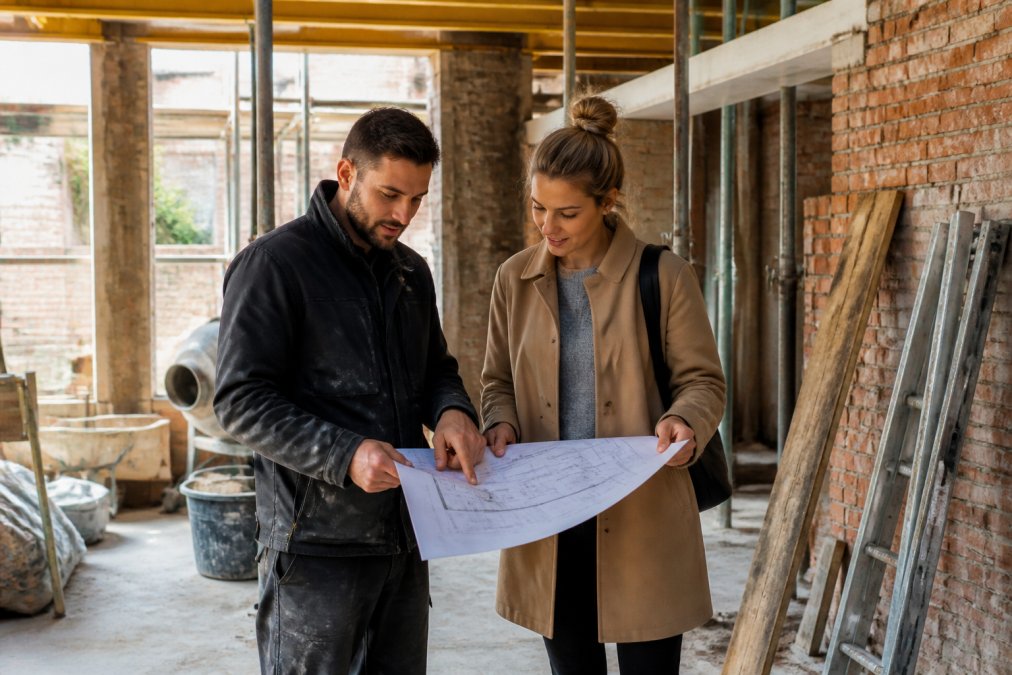 Aannemer en huiseigenaar bekijken bouwplannen en renovatiedetails op een bouwplaats in Antwerpen, met gereedschap en bouwmaterialen zichtbaar op de achtergrond