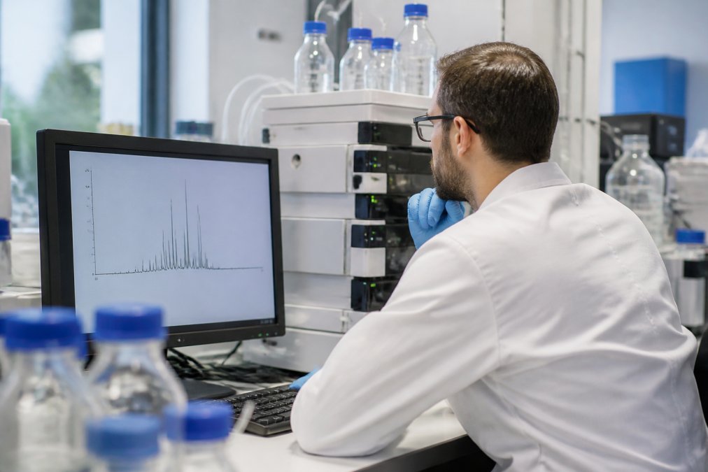 Onderzoeker controleert HPLC-chromatogram voor de kosten van peptide synthese per gram in een laboratorium.