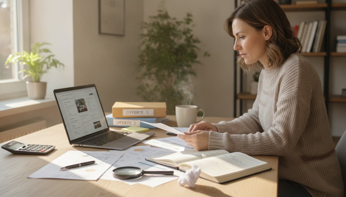 Een ondernemer zit aan een bureau en bekijkt websiteoffertes op een laptop, met een notitieboek en koffie naast zich in een lichte thuiskantooromgeving