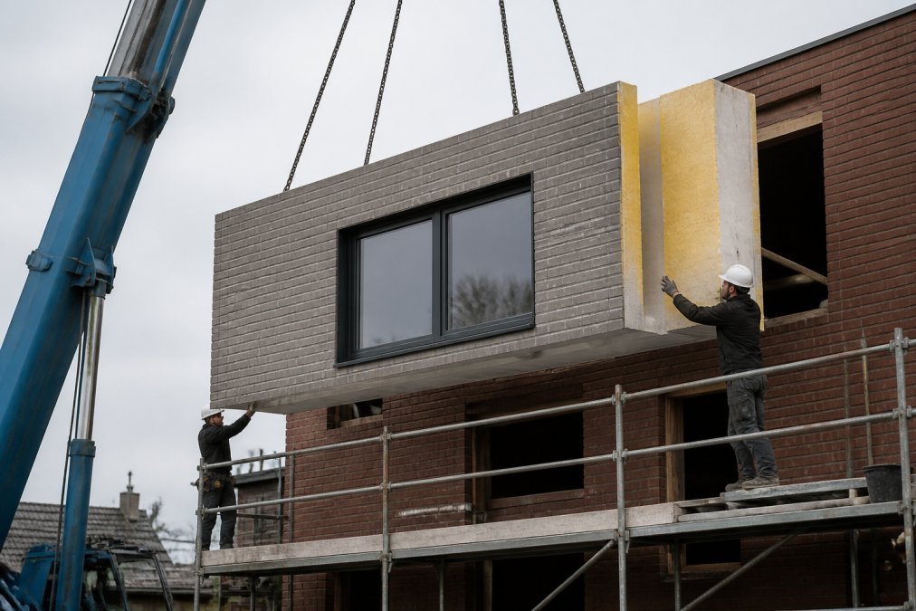 Close-up van een hijskraan die een geprefabriceerd gevelelement met isolatiemateriaal op zijn plaats schuift op een woonwerf, met bouwvakkers die de positionering begeleiden