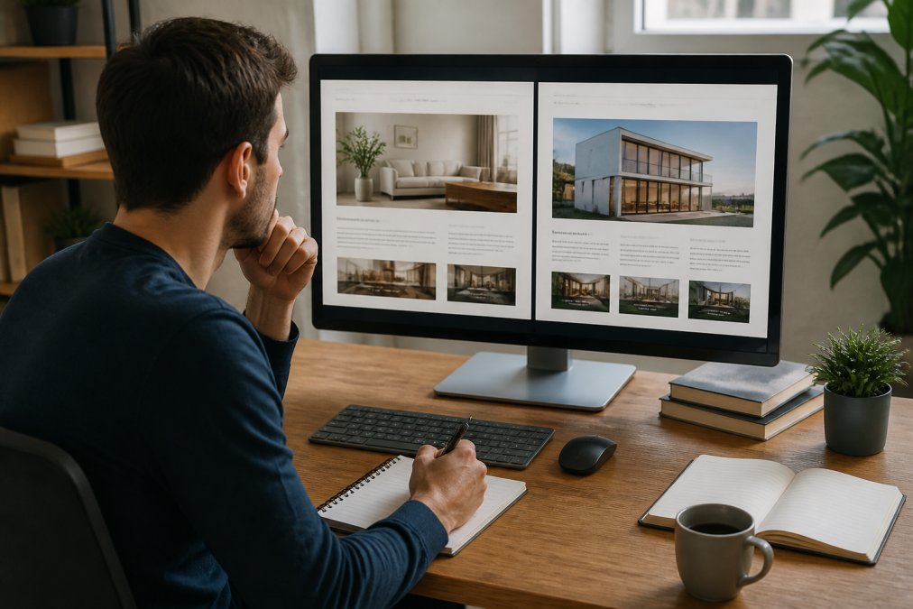 Person sitzt am Schreibtisch vor einem Monitor und vergleicht zwei Websites auf dem Bildschirm, mit Notizbuch und Kaffee daneben