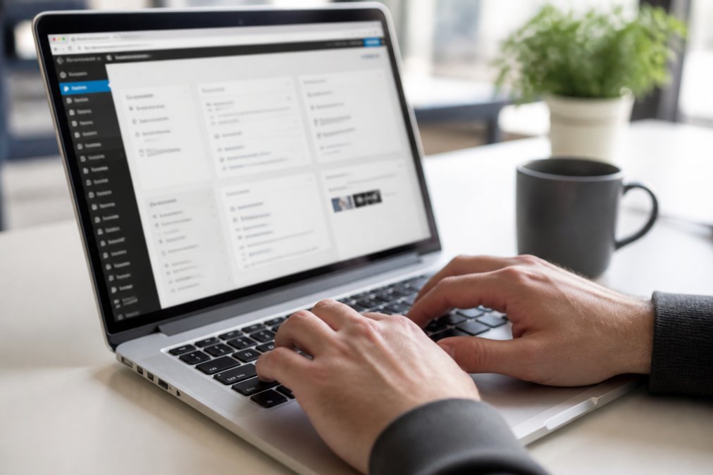 Nahaufnahme von Händen, die auf einer Tastatur tippen, während auf dem Bildschirm ein WordPress-Dashboard sichtbar ist, helles Büro-Setting
