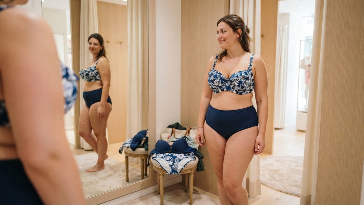 Kobieta o sylwetce gruszki przymierzająca bikini przed lustrem w jasnej przebieralni, widoczne dwa zestawy: wzorzysta góra i gładki dół