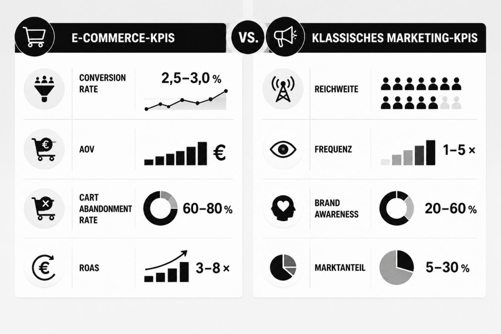Vergleichsmatrix mit E-Commerce-KPIs (Conversion Rate 2,5-3,0%, AOV, Cart Abandonment Rate, ROAS) vs. klassisches Marketing KPIs (Reichweite, Frequenz, Brand Awareness, Marktanteil) in Schwarz-Weiß-Infografik