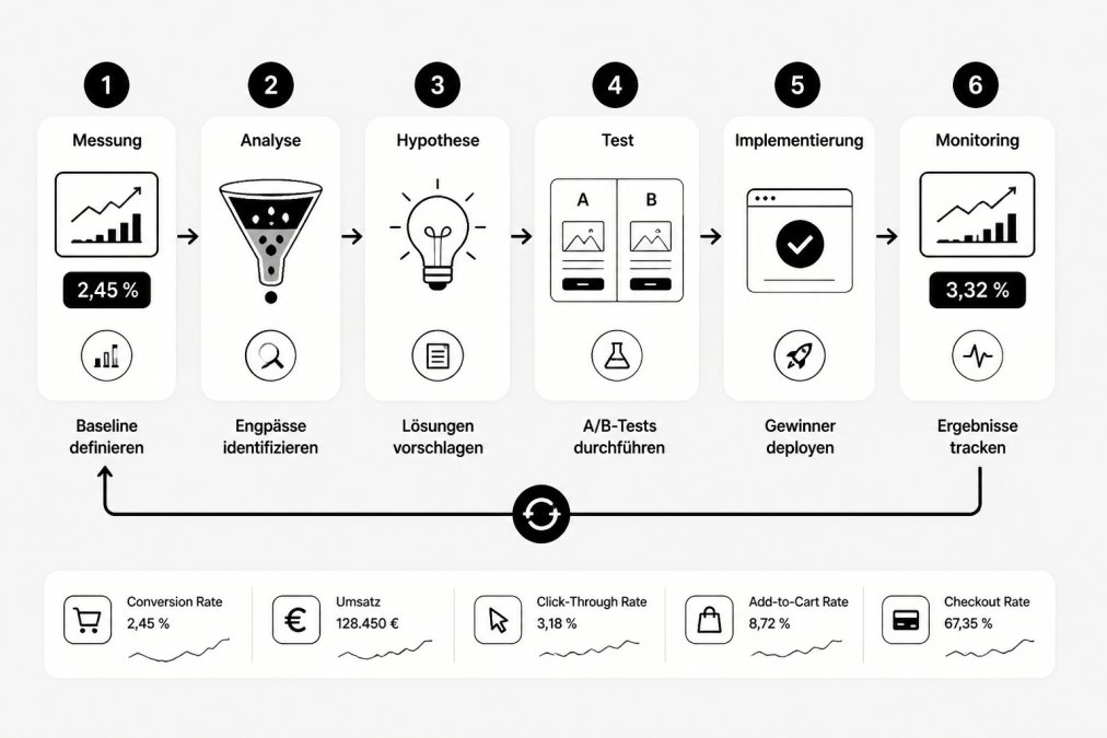 Flowchart des CRO-Prozesses: Messung (Baseline definieren) → Analyse (Engpässe identifizieren) → Hypothese (Lösungen vorschlagen) → Test (A/B-Tests durchführen) → Implementierung (Gewinner deployen) → Monitoring (Ergebnisse tracken) mit Feedback-Schleife in Schwarz-Weiß