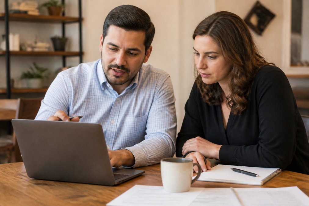 A small business owner and an accountant reviewing a financial dashboard on a laptop in a cozy office, with a notebook and coffee nearby, looking at numbers together