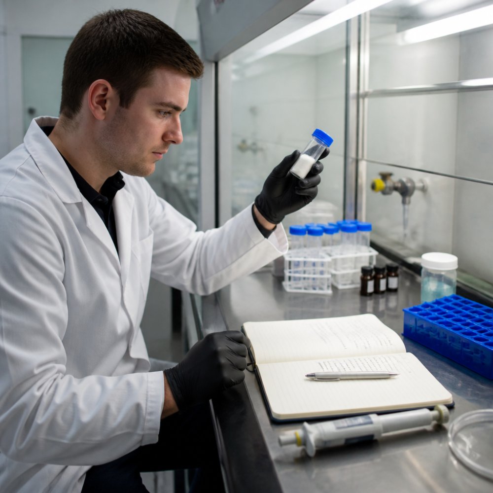 A researcher in a lab coat examining a vial of peptide powder under a fume hood, with a notebook and pipette on the bench nearby