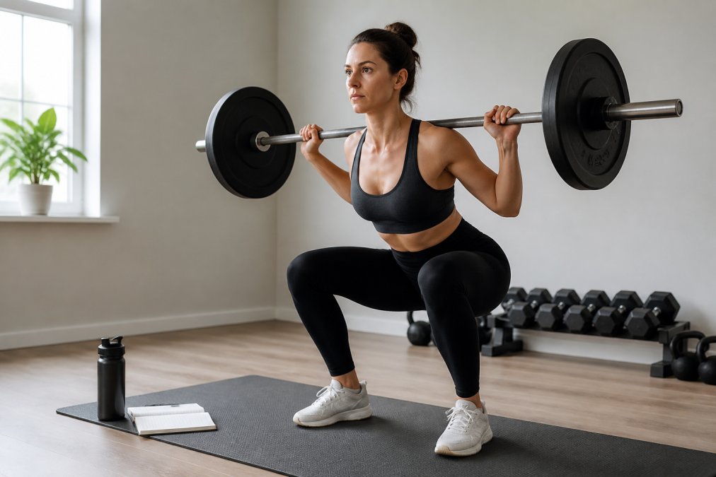 Persoon voert squats uit met halterstang voor het krachttraining schema in een lichte ruimte met waterfles en notitieboek.