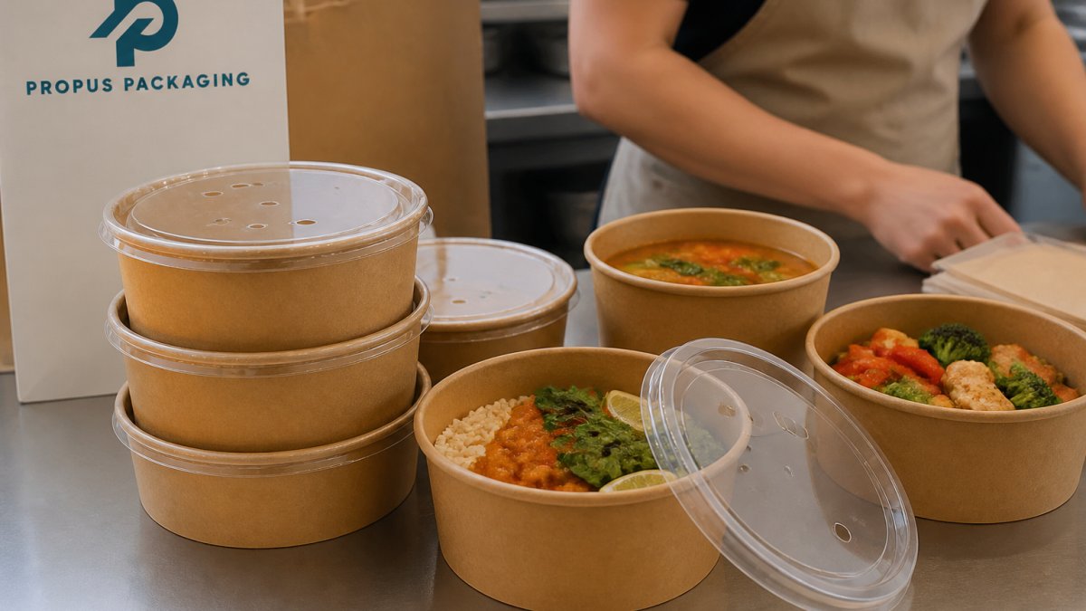 Close-up of kraft paper food bowls with vented lids stacked on a counter, showing PE-lined interior and secure lid fit, with takeaway food inside ready for delivery