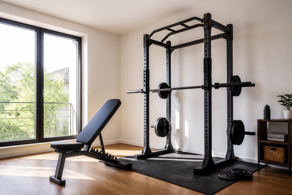 Kompaktes Half Rack mit Hantelbank als platzsparende Kraftstation für zuhause in einer hellen, minimalistischen Wohnung.