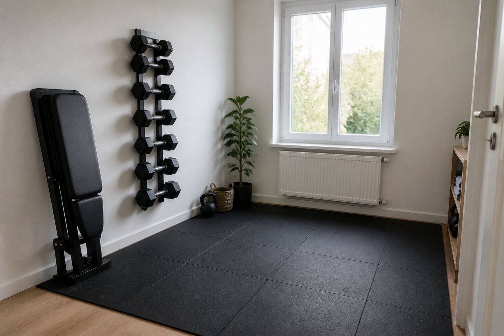 A compact home gym setup in a small bright room: rubber floor mats covering the centre, a foldable weight bench folded and leaning against the wall, and a set of dumbbells stored vertically on a wall-mounted rack, organised and space-efficient, natural daylight from a single window