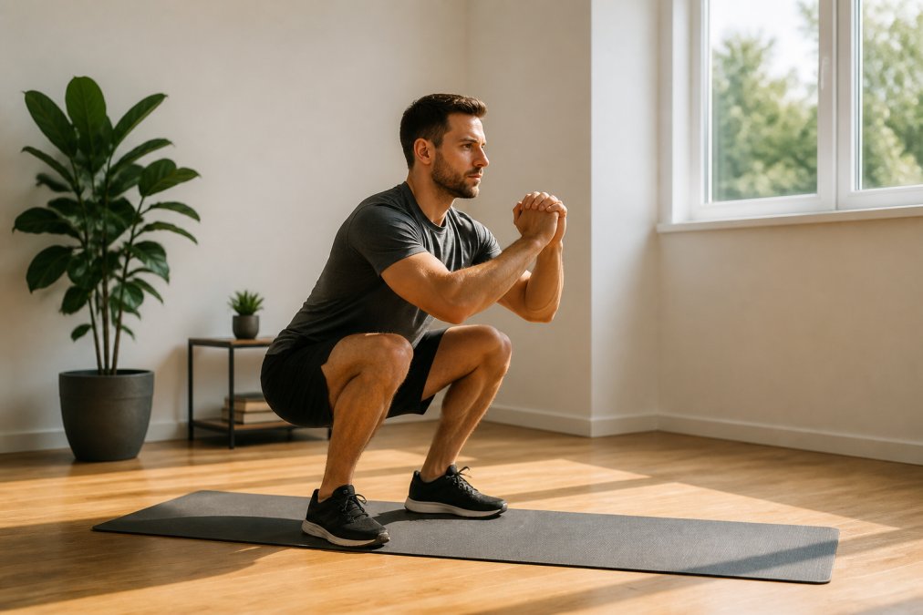 A person in athletic clothing performing a deep bodyweight squat on a yoga mat in a small, bright, minimally furnished room, natural light coming through a window, showing proper form with knees over toes and a straight back