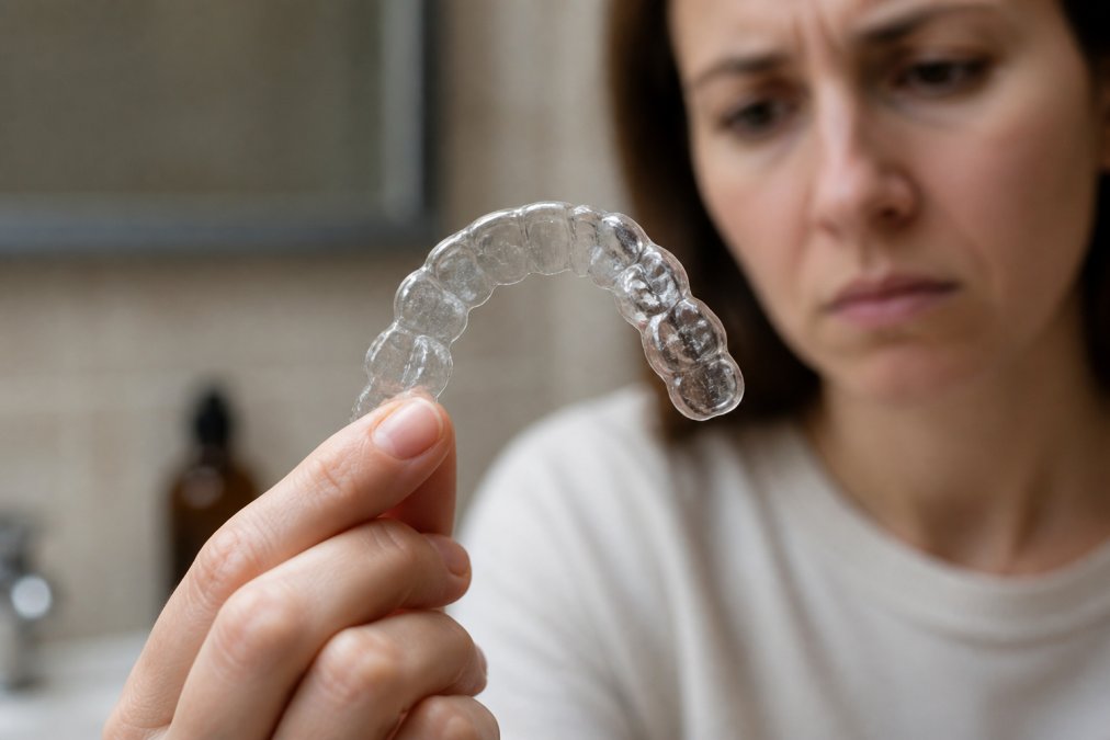 Person hält einen beschädigten Retainer in der Hand und untersucht ihn mit kritischem Blick, zeigt Kratzer und Oberflächenschäden