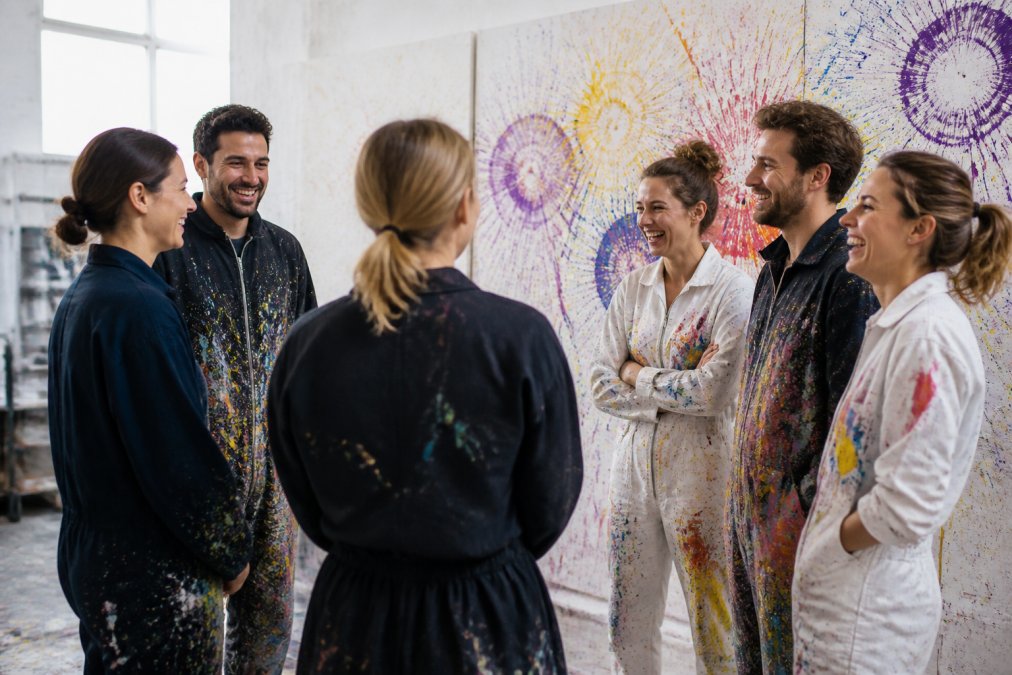 Gruppe von Erwachsenen in Arbeitskleidung mit Farbspritzern auf Schürzen, lachend vor einer großen Leinwand mit bunten Schleuderbildern in einem hellen Atelier