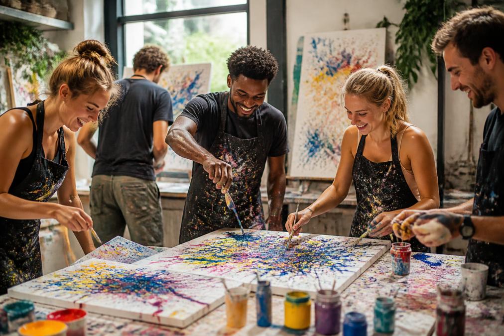 Gruppe von Menschen beim Action-Painting-Workshop, wie sie gemeinsam mit bunten Farben und Leinwänden kreative Kunstwerke erschaffen, strahlende Gesichter und intensive Konzentration, helle Studiobeleuchtung