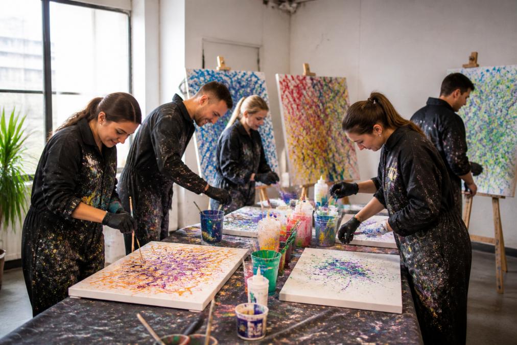 Diverse Gruppe von Mitarbeitern beim Action Painting Workshop, konzentriert auf ihre bunten Kunstwerke mit Farbspritzern und leuchtenden Farben auf Leinwänden in einem kompakten Büroraum, natürliches Licht von der Seite