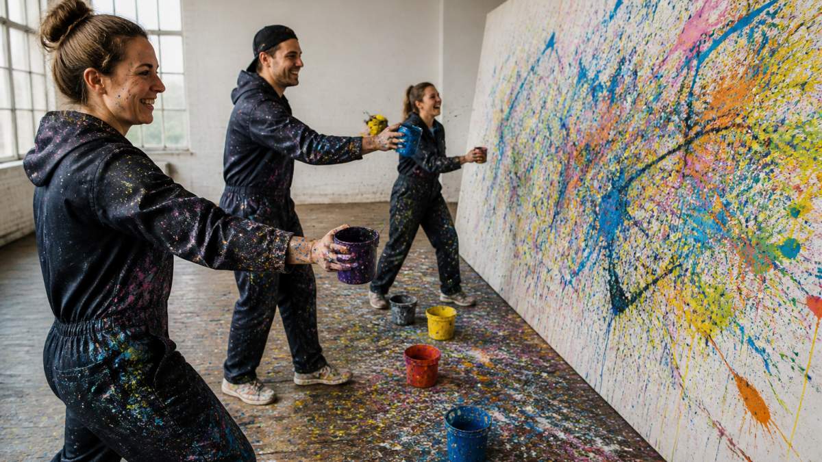 Ein Team in Arbeitskleidung schleudert Farbe auf eine große Leinwand in einem hellen Atelier, lachend und mit Farbspritzern auf der Kleidung