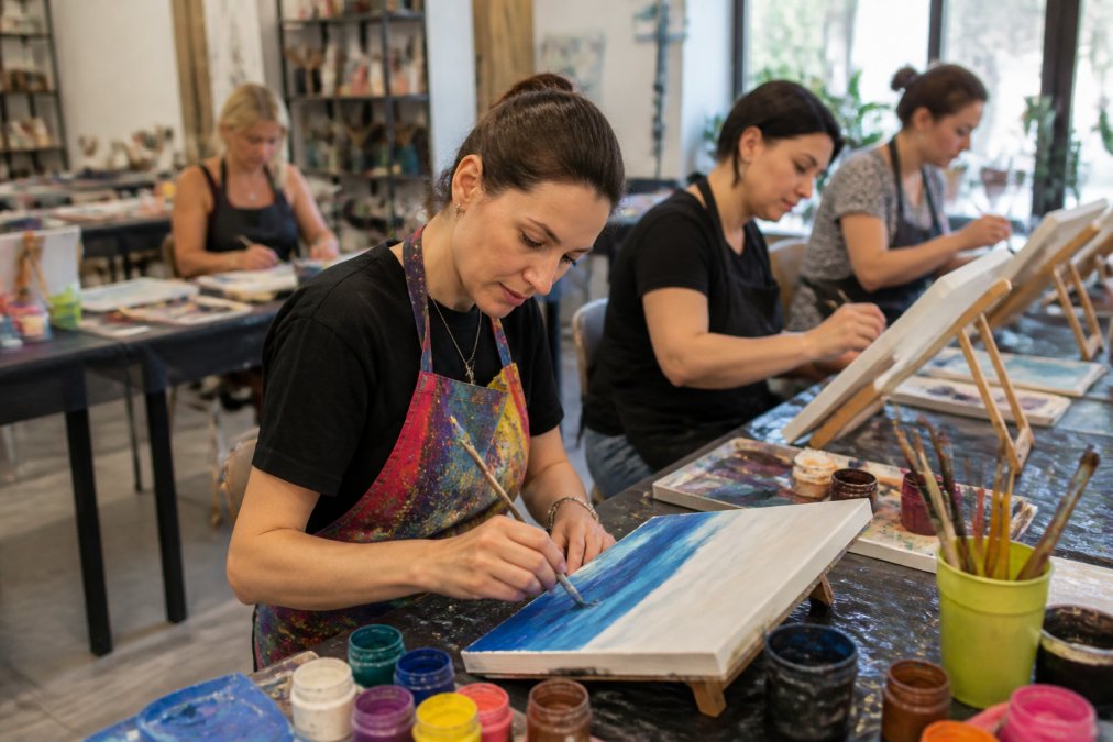 Eine Gruppe von Anfängern sitzt an Tischen mit Leinwänden, Pinseln und Acrylfarben in einem hellen, modernen Kunststudio. Ein Teilnehmer trägt eine farbige Malschürze und konzentriert sich auf seinen Farbauftrag, während andere entspannt und konzentriert an ihren Kunstwerken arbeiten, mit bunten Farbtöpfen und Pinseln um sie herum
