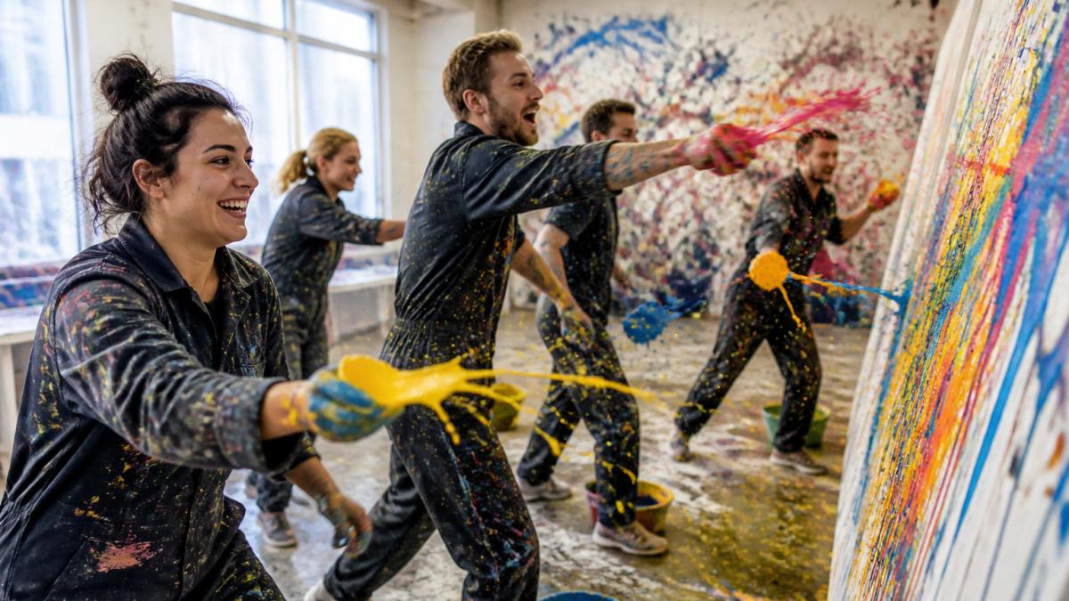 Gruppe von Menschen beim Action Painting, die dynamisch Farbe auf Leinwand werfen, mit Bewegungsunschärfe und spritzenden Farben, freudige Gesichtsausdrücke, moderne helle Werkstatt