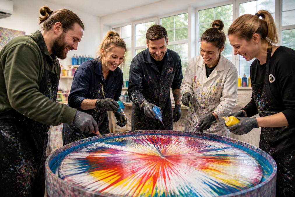 Eine Gruppe von Kollegen in legerer Freizeitkleidung lacht und arbeitet gemeinsam an einer großen, farbenfrohen Schleuderbild-Leinwand in einem hellen Atelier mit Tageslicht